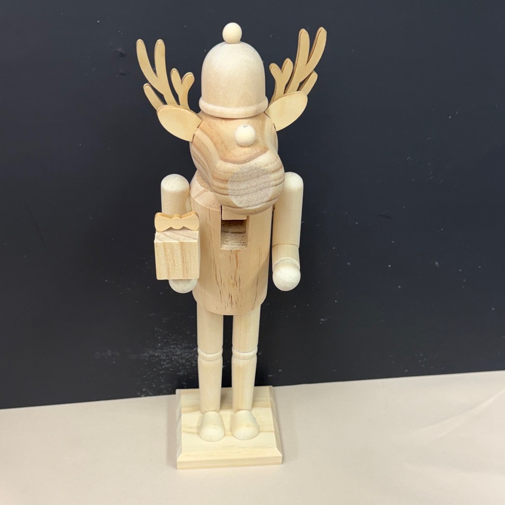 Make Market 14 inch Wooden Reindeer Nutcracker Figure - Natural Wood